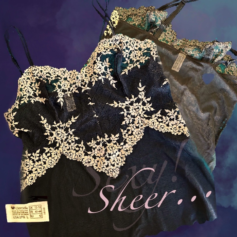 Sheer black cami with antique white lacework